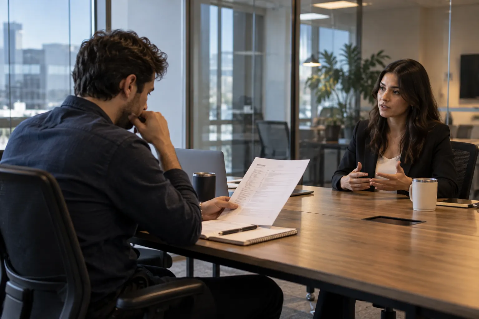 Startup founder interviewing an SDR candidate in a glass walled meeting room