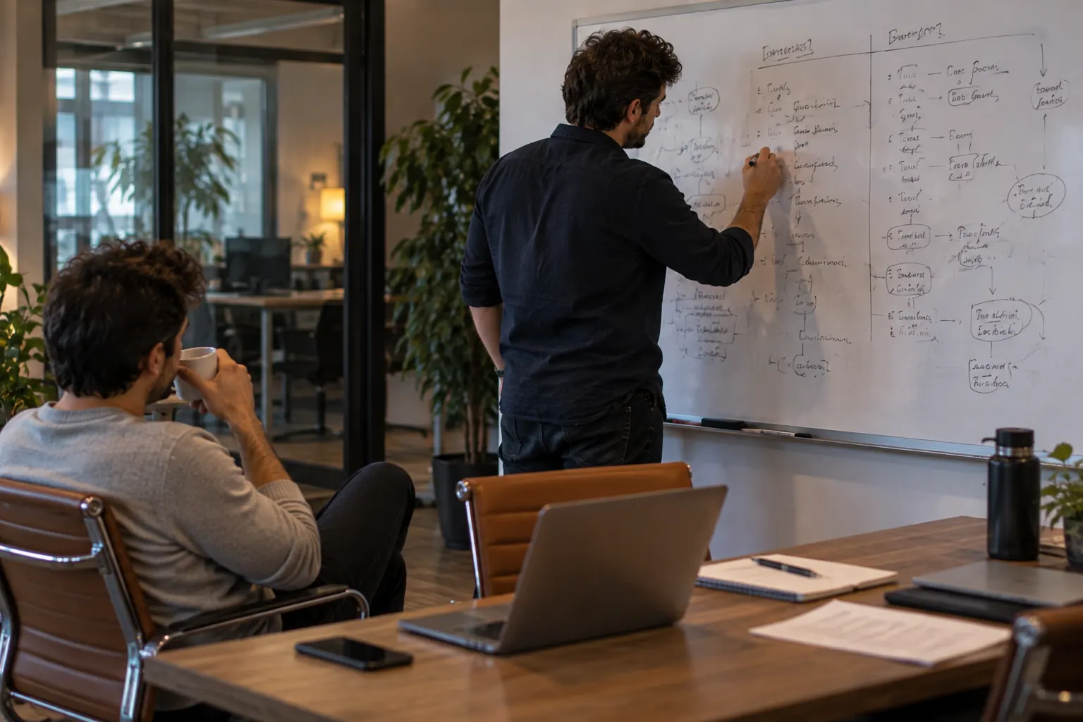 Founder sketching a two column cost comparison on a whiteboard